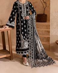 Black Nureh stitched suit with delicate white thread embroidery