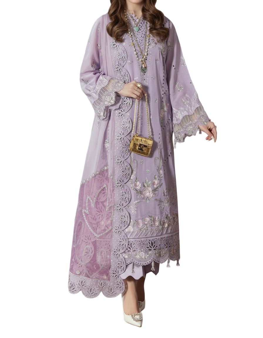 Mademoiselle Swiss Lawn embroidered 3-piece luxury suit NE-8562 – elegant pastel design with detailed thread embroidery and chiffon dupatta by Marina Mystique.