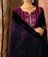 Johra Chambeli Embroidered Karandi 3-Piece Suit with Velvet Palachi Shawl