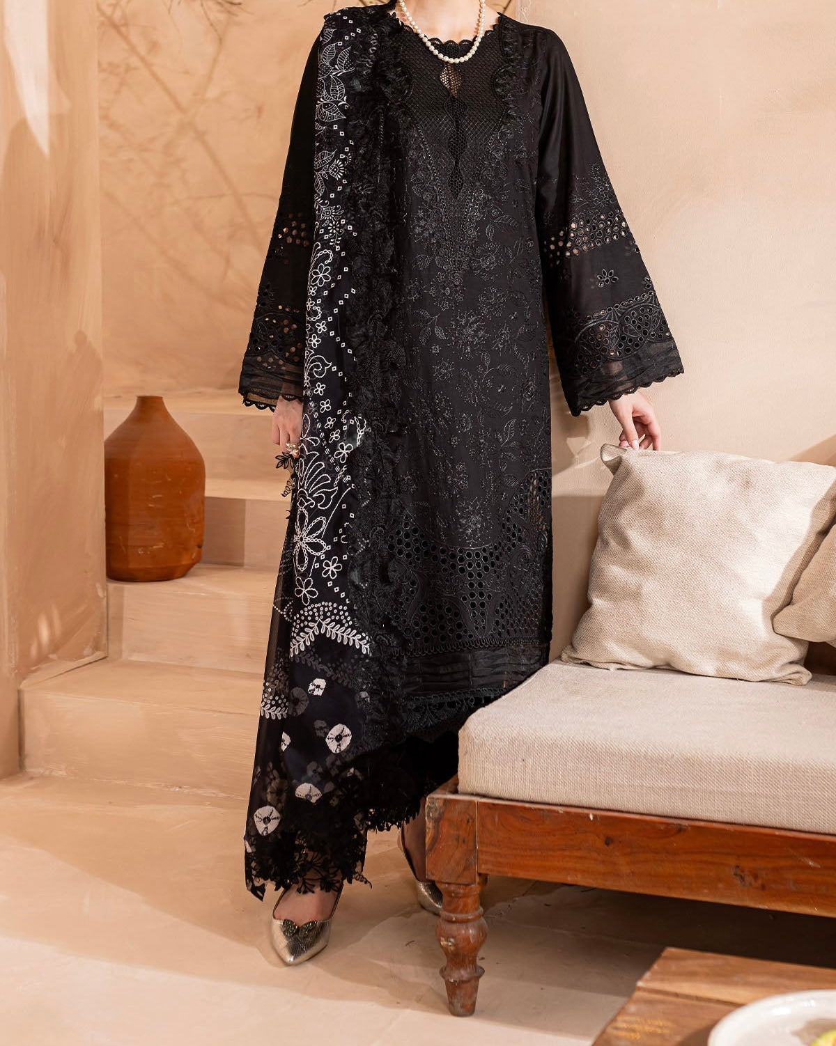 Nureh Monochrome designer wear with chiffon embroidered dupatta