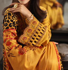3-Piece Mustard Embroidered Leather Suit with Jacquard Shawl Poshima–PS3-17|Marina Mystique|Winter Collection