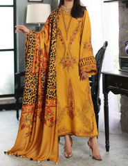 3-Piece Mustard Embroidered Leather Suit with Jacquard Shawl Poshima–PS3-17|Marina Mystique|Winter Collection