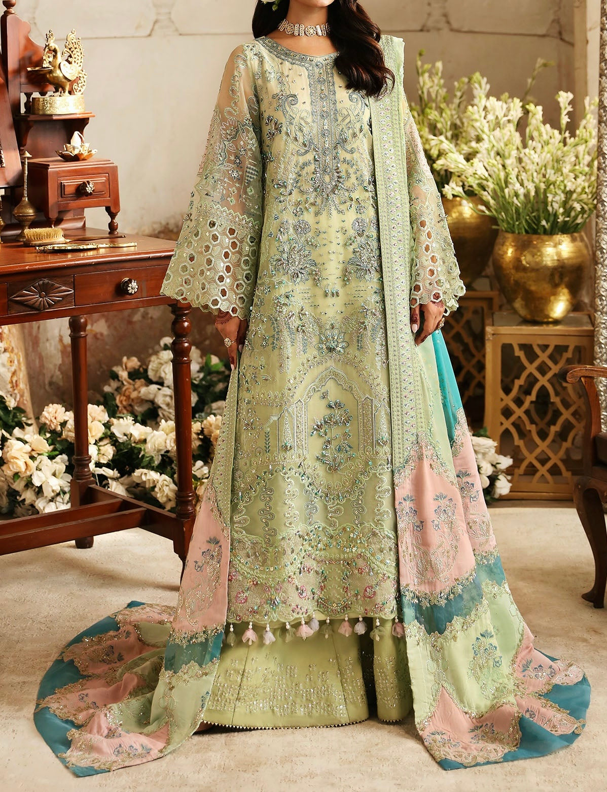 Jhumroo Mahi Roo Embroidered 3-Piece Suit by Nureh - Pista green / M / Organza Jhumroo Mahi Roo Embroidered 3-Piece Suit by Nureh - Pista green / M / Organza