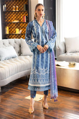 βModel wearing blue Nureh Signature Lawn stitched suit with full sleeves and knee-length shirtβ