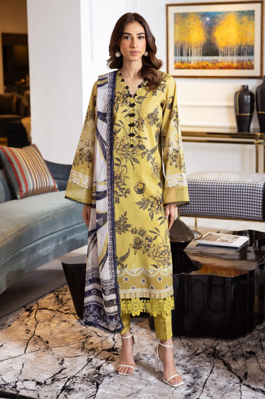Nureh SP-120 Signature Lawn 3-Piece Stitched Suit in yellowish mustard with black floral embroidery and chiffon dupatta β Marina Mystique summer collection