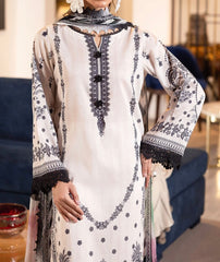 close view of embroidered Nureh Signature Lawn ivory shirt with black lace cuffs and notched neckline β breathable premium lawn suit for summer wear.