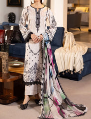Model wearing Nureh Signature Lawn 3-Piece Stitched Suit in ivory and black embroidery with colorful abstract chiffon dupatta β Marina Mystique summer collection.