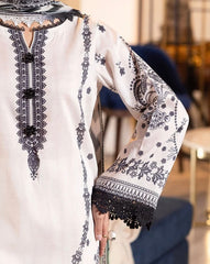 Side view of embroidered Nureh Signature Lawn ivory shirt with black lace cuffs and notched neckline β breathable premium lawn suit for summer wear.