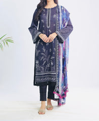Vibrant chiffon dupatta in purple and pink hues paired with Nureh Signature Lawn embroidered navy shirt β elegant summer contrast.