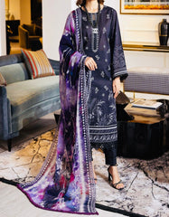 Model wearing Nureh Signature Lawn 3-Piece Stitched Suit in navy blue with white floral embroidery and chiffon dupatta β Marina Mystique summer collection.