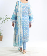 Back design of Nureh SP-119 Signature Lawn shirt in sky blue with ikat-inspired print β elegant stitched Pakistani lawn suit by Marina Mystique.