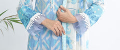 sleeve details of embroidered Nureh SP-121 Signature Lawn shirt with lace detailing and printed border β breathable premium lawn outfit for summer wear.