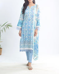 Model wearing Nureh SP-121 Signature Lawn 3-Piece Stitched Suit in sky blue with ivory botanical print and chiffon dupatta β Marina Mystique summer collection.