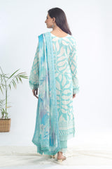 Back design of Nureh SP-115 Signature Printed Lawn shirt in soft sea-green with delicate signature print detailing β stitched suit by Marina Mystique.
