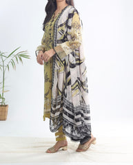 Side view of Nureh SP-120 Signature Lawn embroidered mustard shirt with scalloped neckline and printed cuffs β premium breathable lawn outfit.