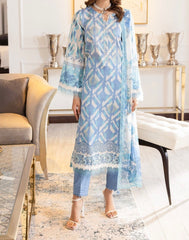 Model wearing Nureh SP-121 Signature Lawn 3-Piece Stitched Suit in sky blue with ivory botanical print and chiffon dupatta β Marina Mystique summer collection.