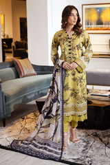 Soft chiffon dupatta in mustard and black abstract botanical print paired with Nureh embroidered lawn suit β breezy and graceful summer design.