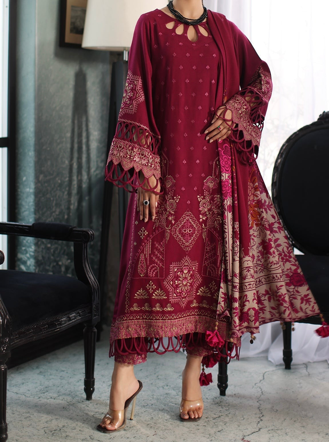 Front view of maroon embroidered leather 3-piece suit with printed wool shawl by Marina Mystique – Winter Collection