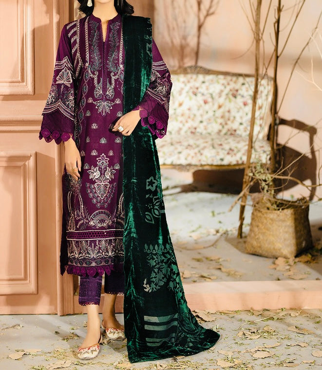 Johra Chambeli Embroidered Karandi 3-Piece Suit with Velvet Palachi Shawl