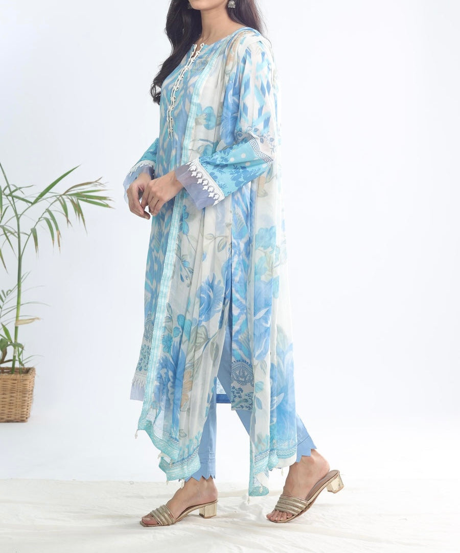 NUREH SKY BLUE-LAWN 3PC STITCHED-SIGNATURE PRINTS - NUREH-SP120