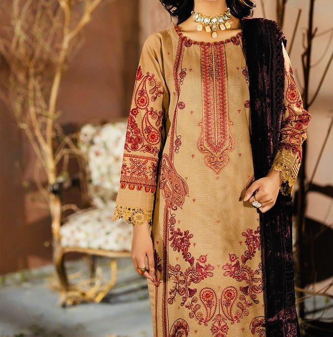 3-PCS EMBROIDERED KARANDI WITH PALACHI DUPATTA CHANMBELI COLLECTION 
-CH-68028