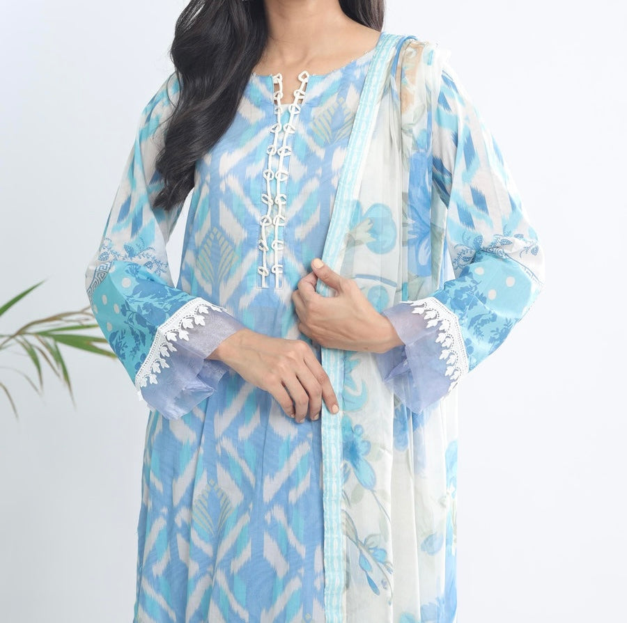 NUREH SKY BLUE-LAWN 3PC STITCHED-SIGNATURE PRINTS - NUREH-SP120
