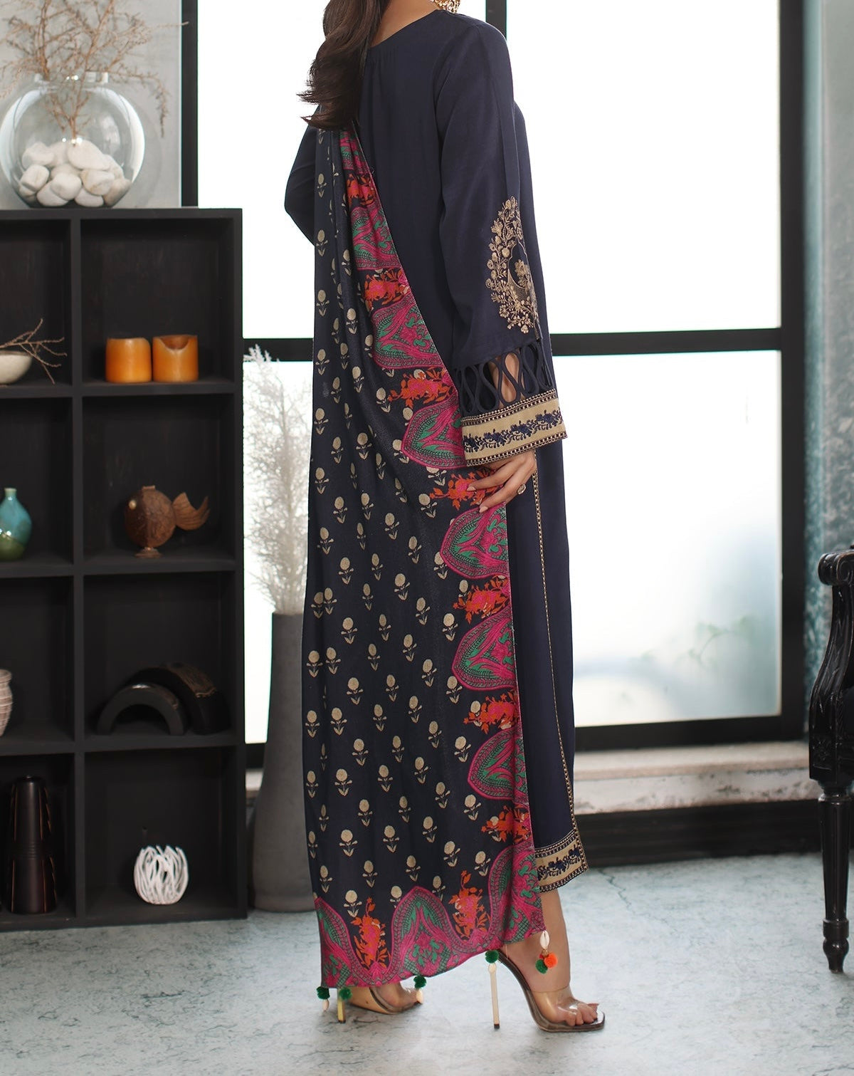 3-PC EMBROIDERED LEATHER WITH PRINTED SHAWL PS3-40-19