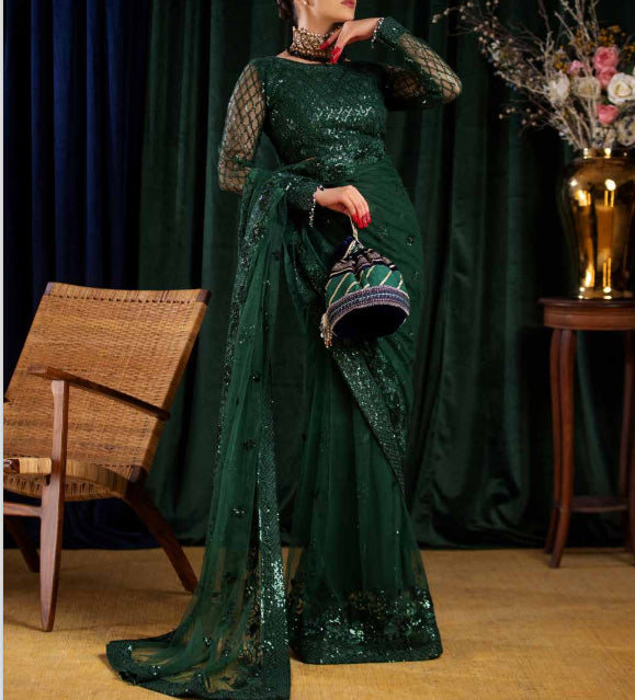 Fabric and embroidery detail of lush green net saree Aroha-05 by Riyaz Arts.