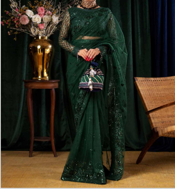 Front full view of Aroha Luxury Formal -05 Saree by Riyaz Arts in embroidered net and lush green tone.