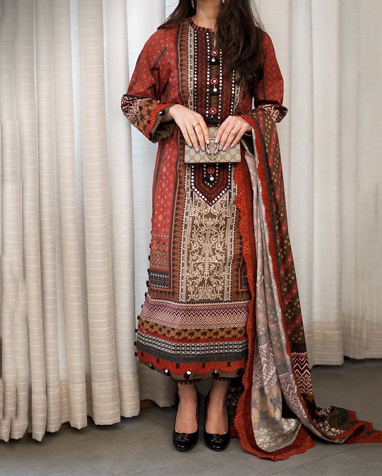 3-PC RANIA EMBROIDERED & PRINTED CAMBRIC-AJNR-0438