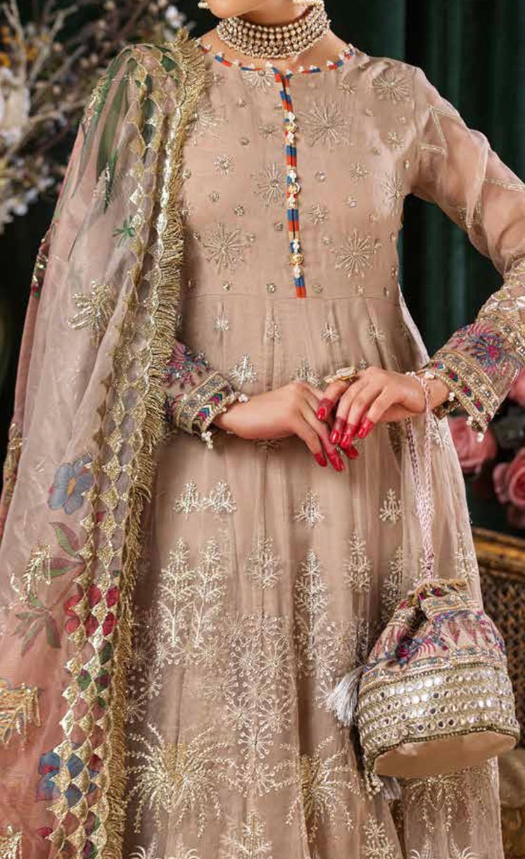 Detailed view of waist embroidery and organza sleeve work on Aroha Luxury Formal 04 by Riyaz Arts.