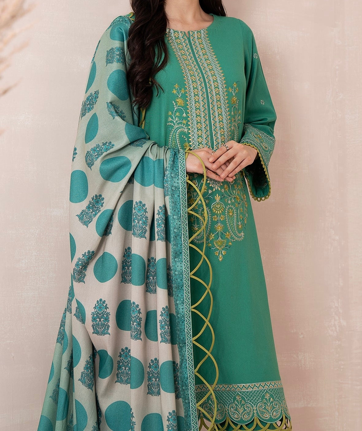 3-PC EMBROIDERED DHANK FRONT WITH PRINTED SHAWL AND TROUSER PS3-37-13