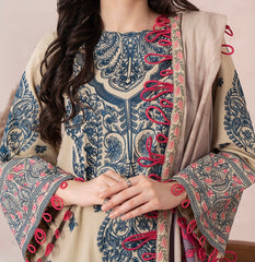 3-PC EMBROIDERED DHANK FRONT WITH PRINTED SHAWL AND TROUSER PS3-37-10