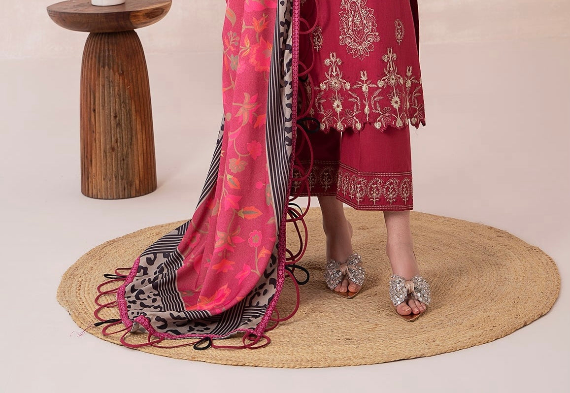 3-PC EMBROIDERED DHANK FRONT WITH PRINTED SHAWL AND TROUSER PS3-37-09