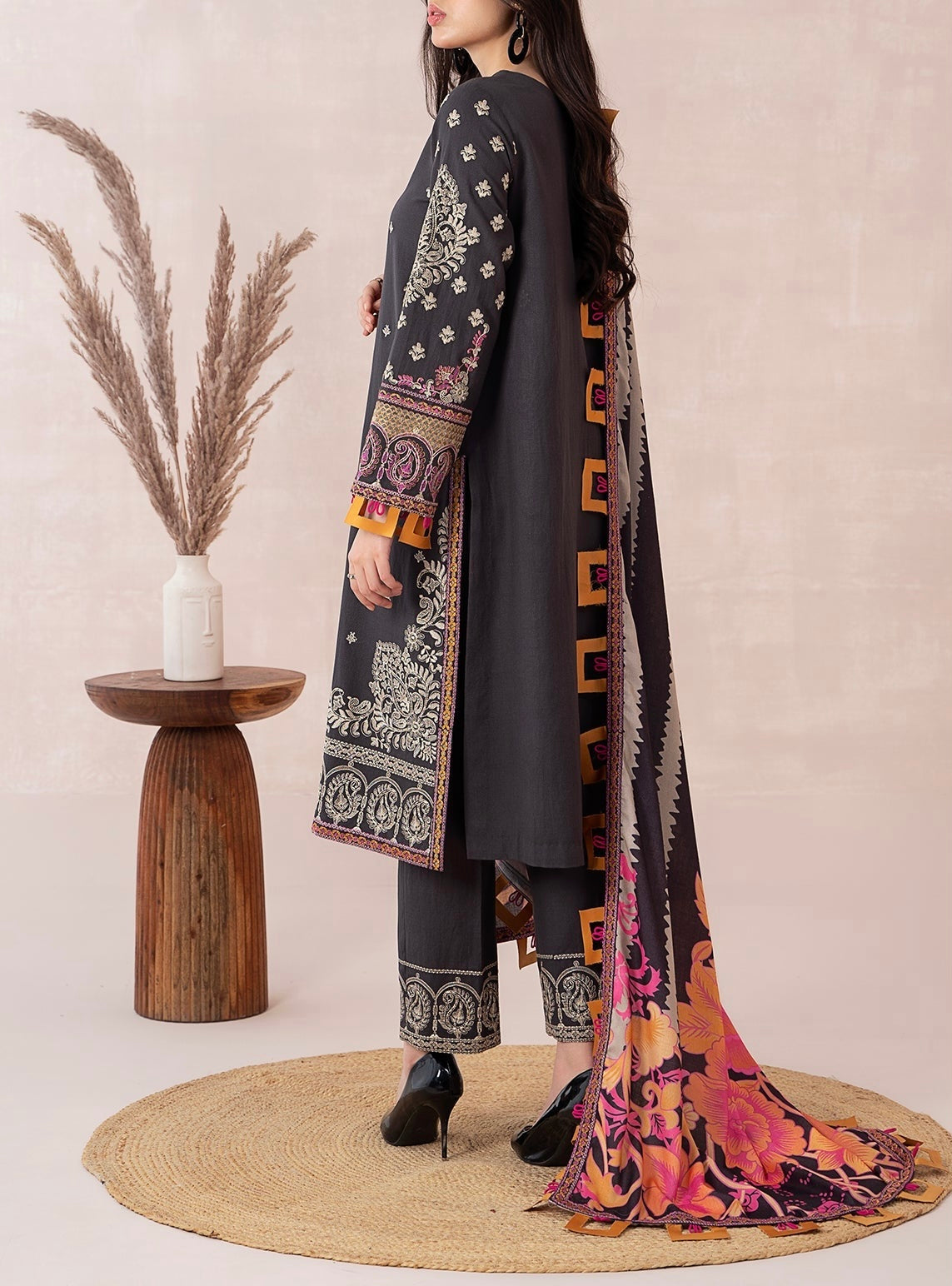 3-PC EMBROIDERED DHANK FRONT WITH PRINTED SHAWL AND TROUSER PS3-37-11