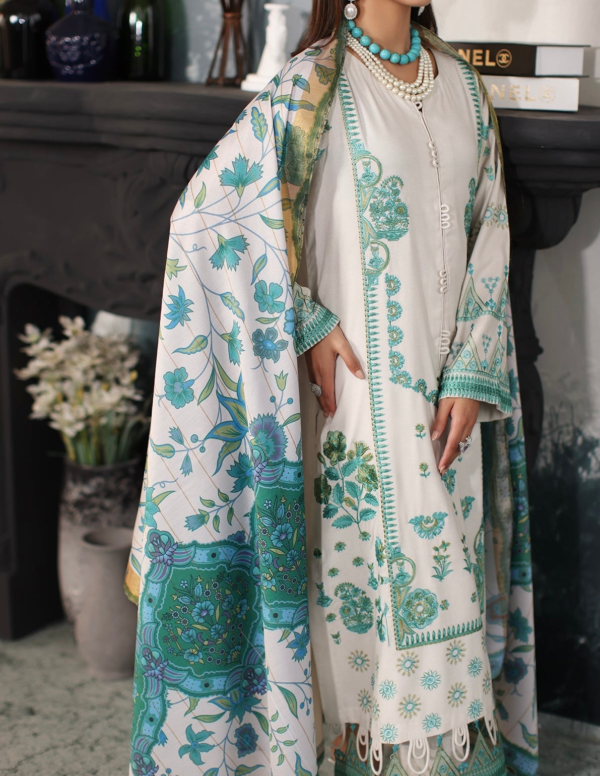 3-PC EMBROIDERED DHANK FRONT WITH PRINTED SHAWL AND TROUSER PS3-38-14