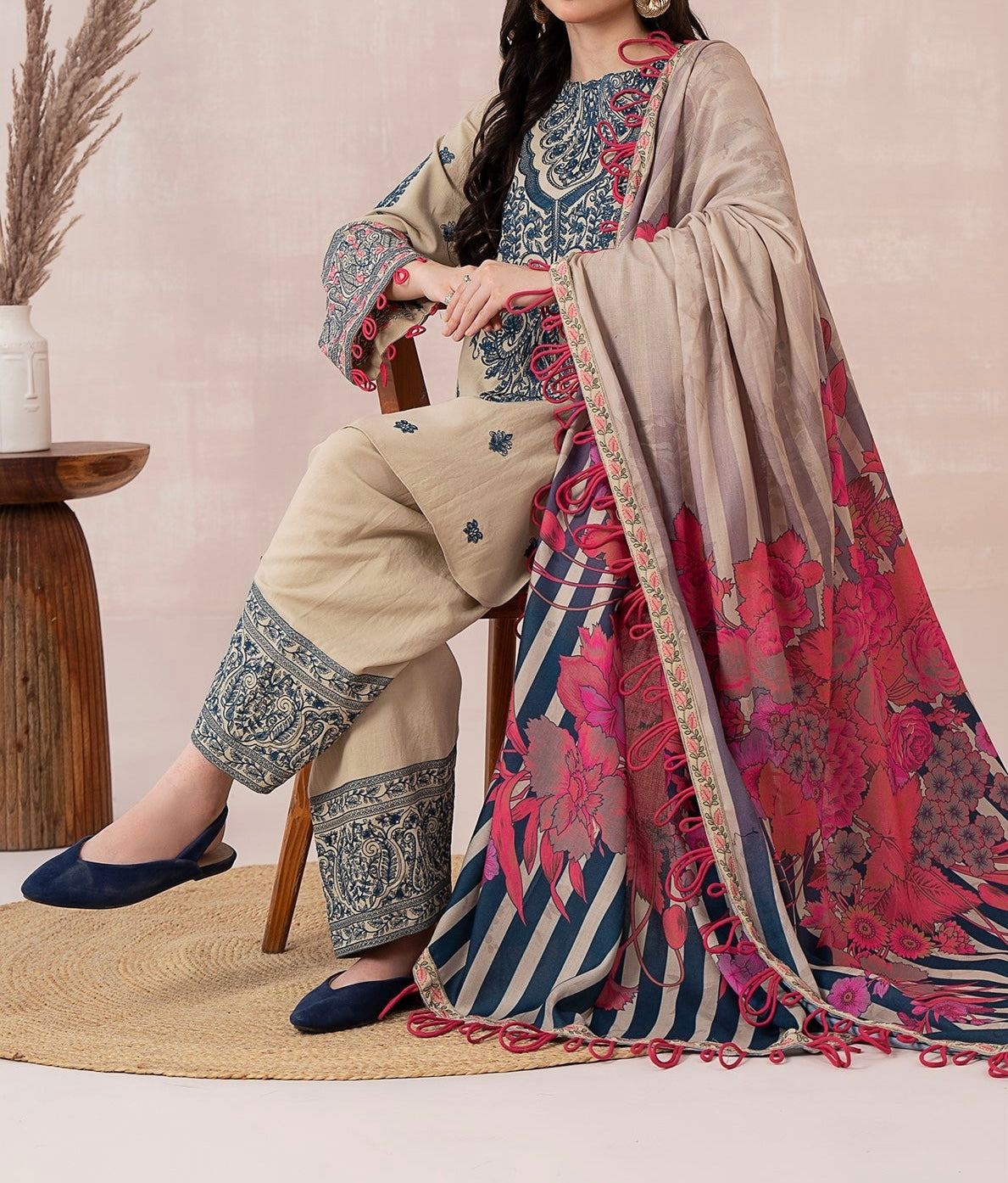 3-PC EMBROIDERED DHANK FRONT WITH PRINTED SHAWL AND TROUSER PS3-37-10