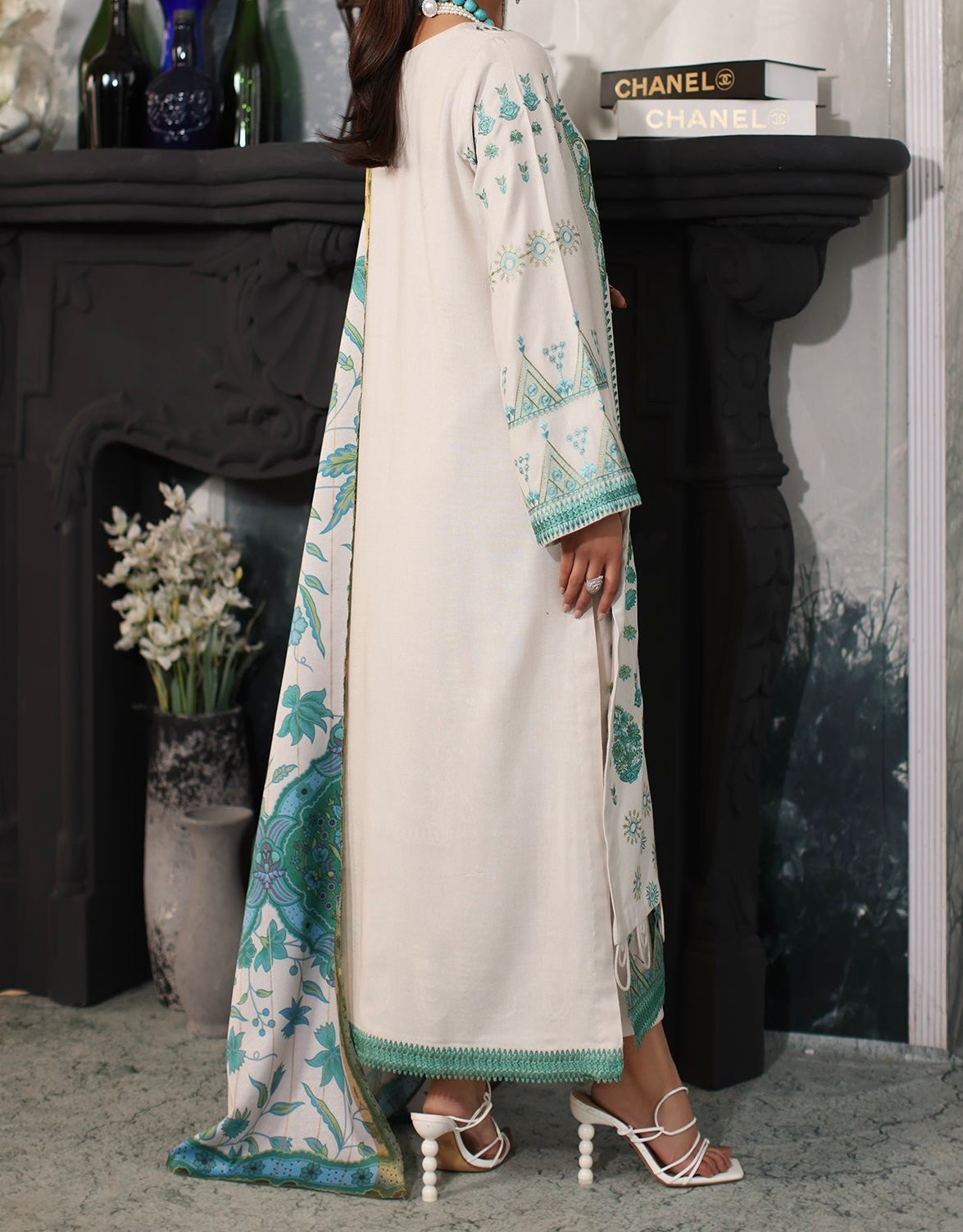 3-PC EMBROIDERED DHANK FRONT WITH PRINTED SHAWL AND TROUSER PS3-38-14