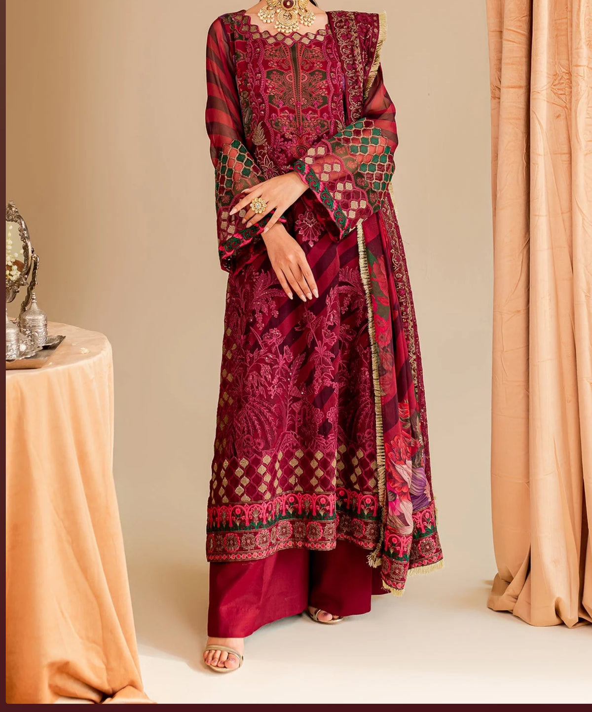 3-PCS-RED CHIFFON SUIT VASAL FORMALS BY CHARIZMA   -VSL- 08