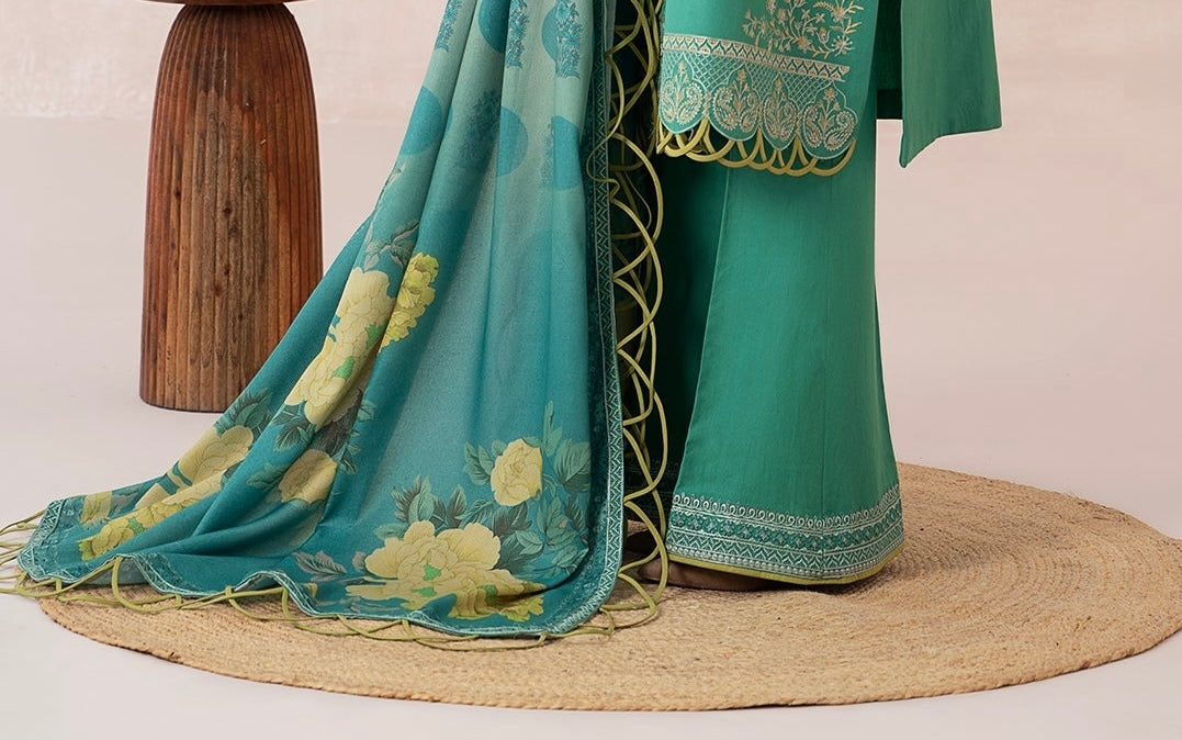 3-PC EMBROIDERED DHANK FRONT WITH PRINTED SHAWL AND TROUSER PS3-37-13