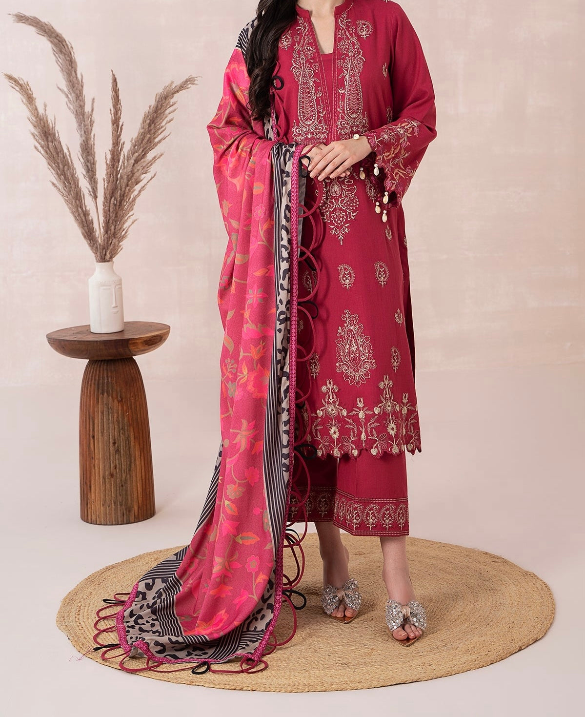 3-PC EMBROIDERED DHANK FRONT WITH PRINTED SHAWL AND TROUSER PS3-37-09