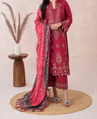 3-PC EMBROIDERED DHANK FRONT WITH PRINTED SHAWL AND TROUSER PS3-37-09