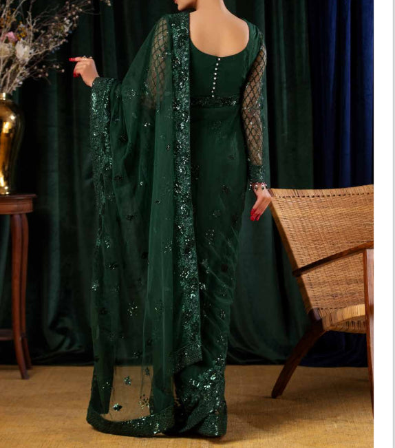 Model back wearing Aroha Luxury Formal -05 Saree with embroidered net and border finish.