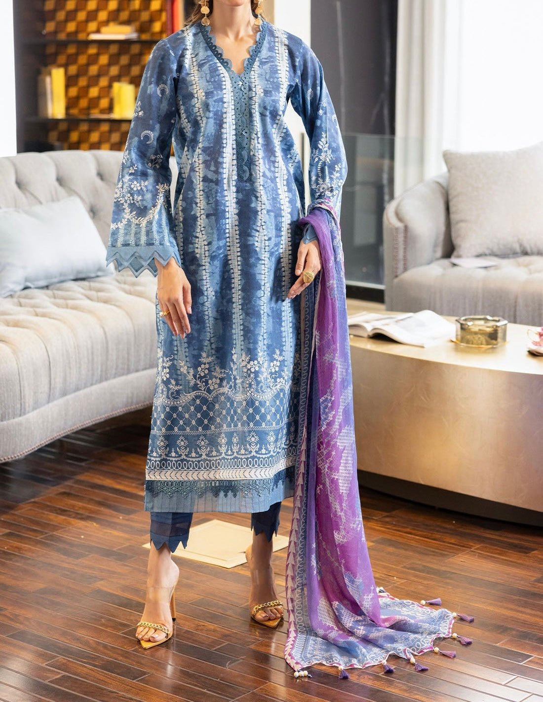 
“Blue printed lawn 3-piece stitched suit by Nureh with ombre purple chiffon dupatta – Marina Mystique Summer Collection”