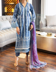 
“Blue printed lawn 3-piece stitched suit by Nureh with ombre purple chiffon dupatta – Marina Mystique Summer Collection”