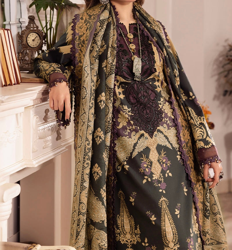 Close-up of neckline embroidery in black and gold festive outfit – Marina Mystique