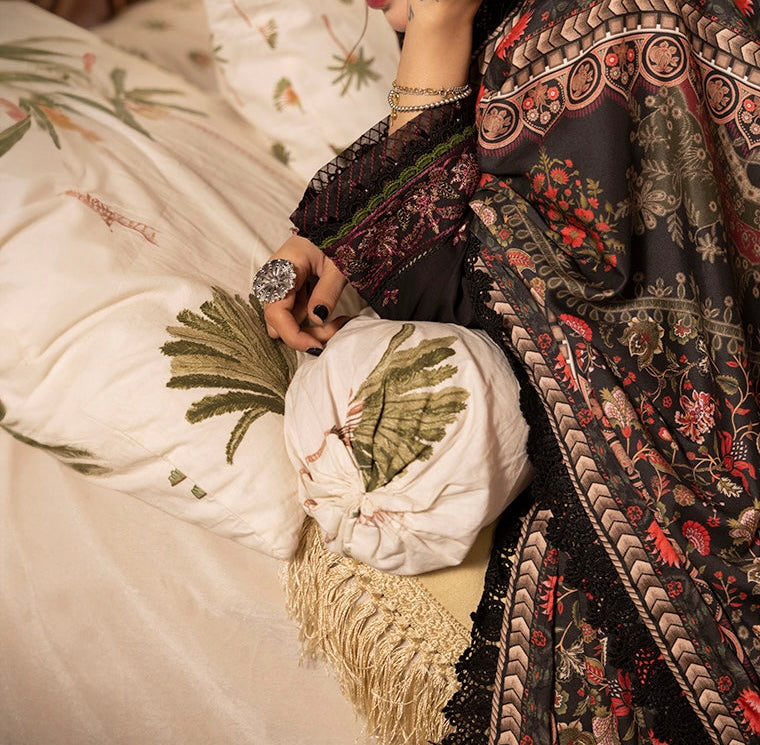Black embroidered cambric suit with linen dupatta – Marina Mystique