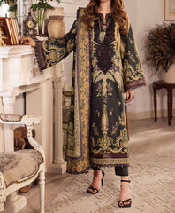 Model wearing black and gold embroidered 3-piece suit with chiffon dupatta – Marina Mystique