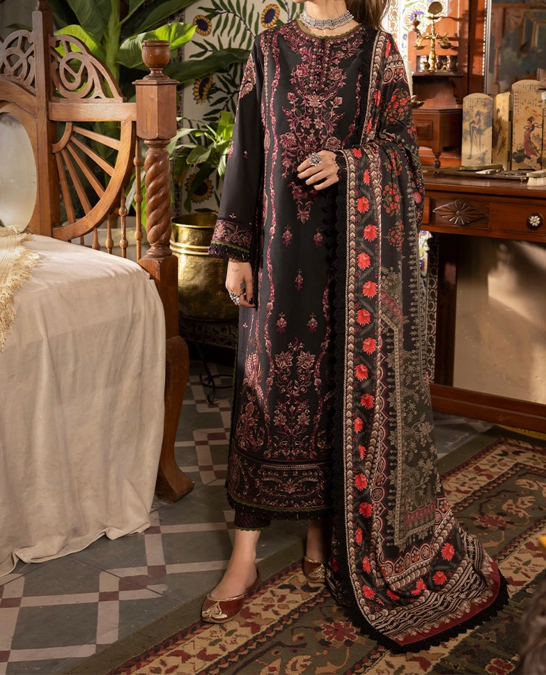 Front view of black embroidered cambric suit with linen dupatta – Marina Mystique Asim Jofa Collection