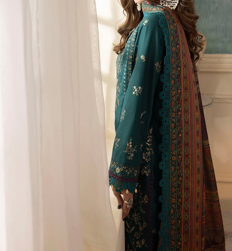 Side pose of emerald green embroidered 3-piece outfit – Marina Mystique
